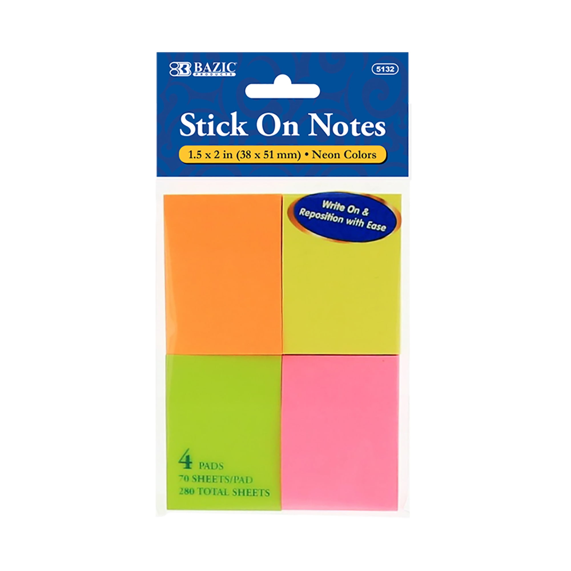 Picture of DDI 2286574 Bazic 70 Count 1.5&quot; X 2&quot; Neon Stick On Notes Case of 24