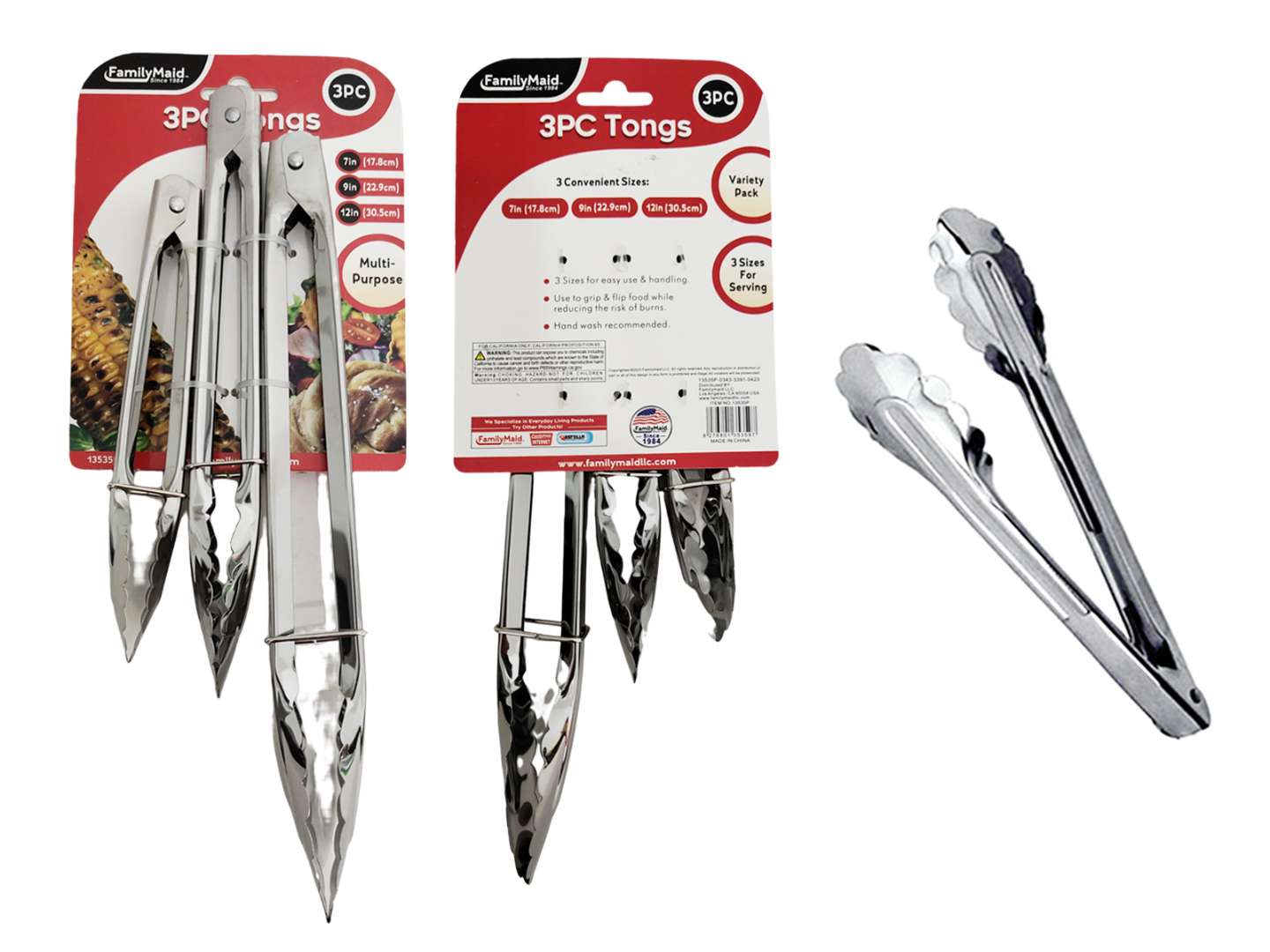 Kitchen Tongs Set, Silver - 3 Piece - Case of 12