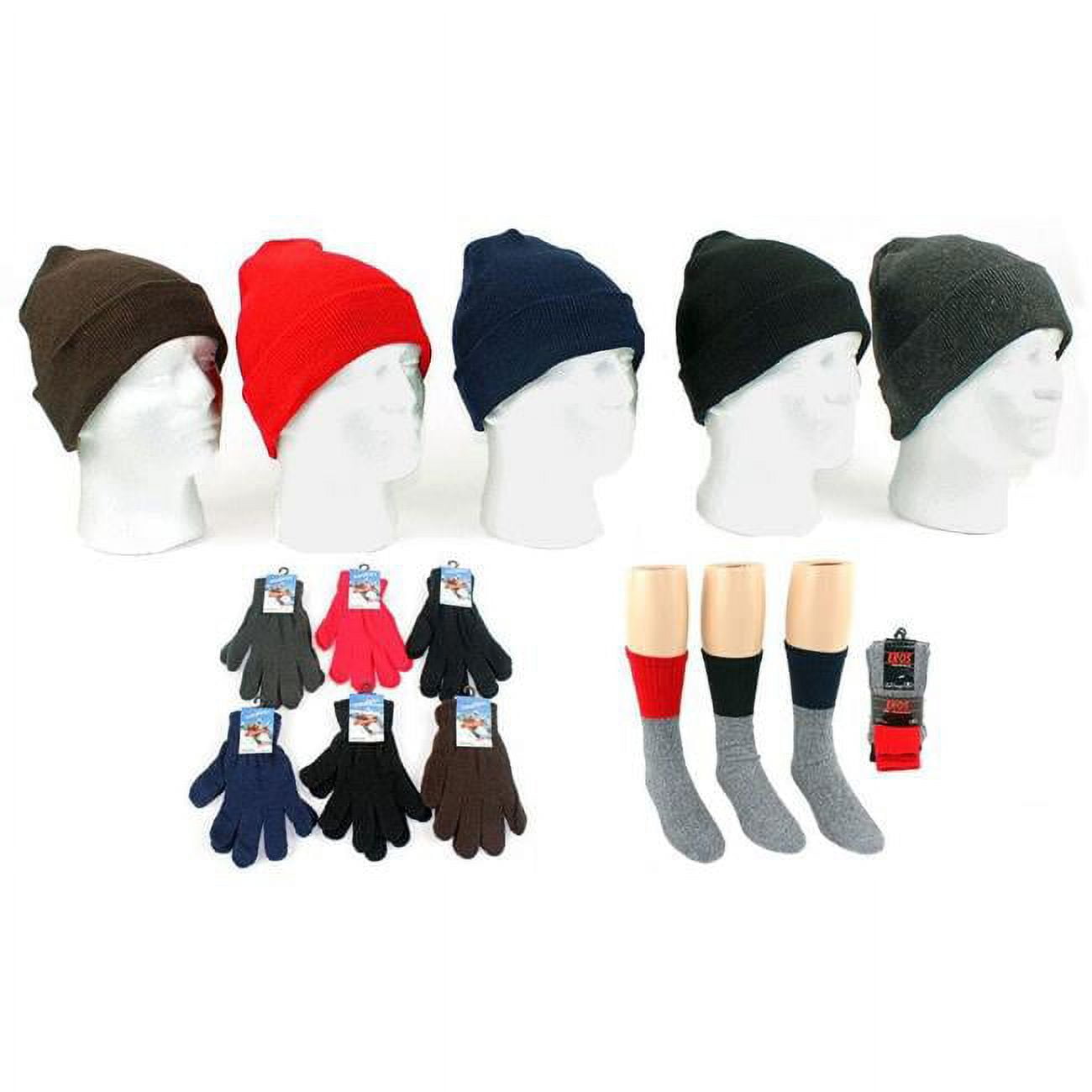 Picture of DDI 2321538 Adult Cuffed Winter Knit Hats&#44; Adult Magic Gloves & Mens Thermal Crew Socks&#44; Assorted Color - Case of 180