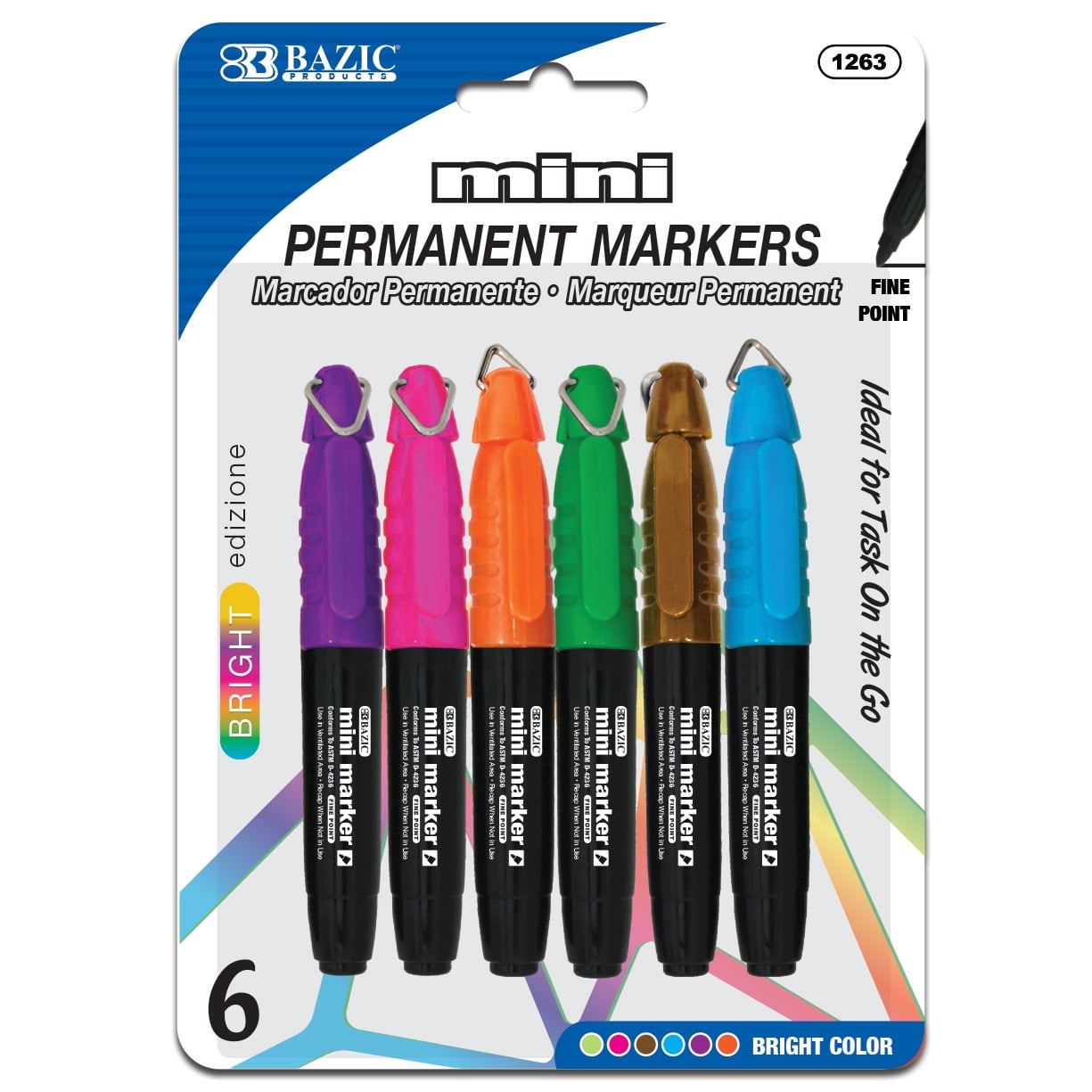 Picture of Bazic 1858961 Fancy Colors Mini Fine Point Permanent Marker with Cap Clip - 6 per Pack - Case of 24