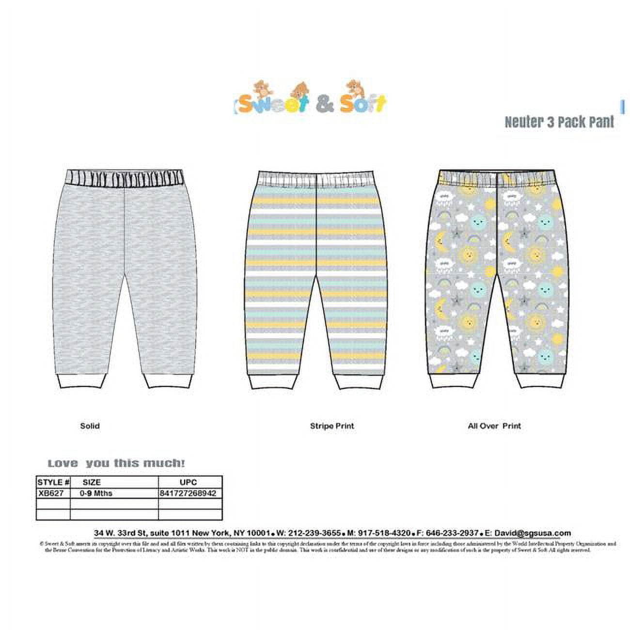 2363798 Babies Pants with Clouds, Grey, Yellow & Mint - Size 0-9M - 3 Per Pack - Case of 24 -  Sweet & Soft
