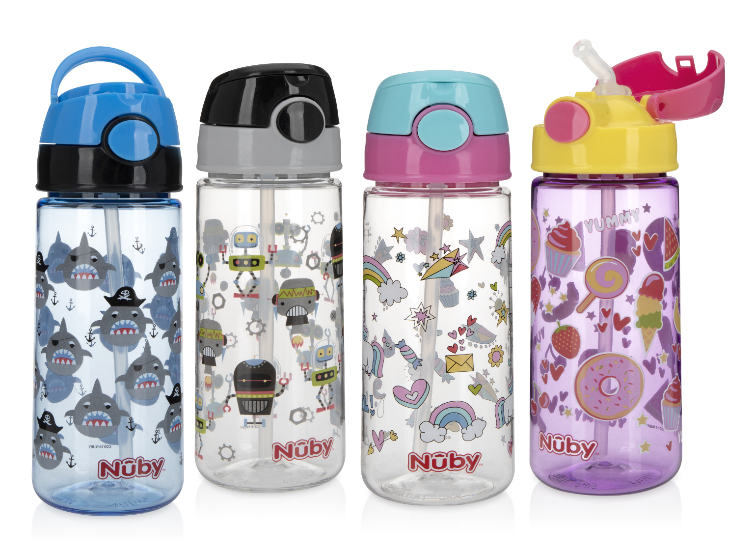 Nuby Flip-it Printed Cups w/Push Button Cap - 18 oz, 18M+, 2-pack case of 12