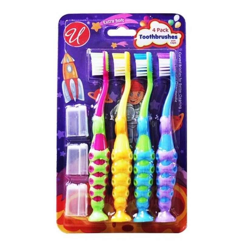2374479 Kids' Toothbrushes with 3 Caps - 4 Pack, Assorted Colors case of 48