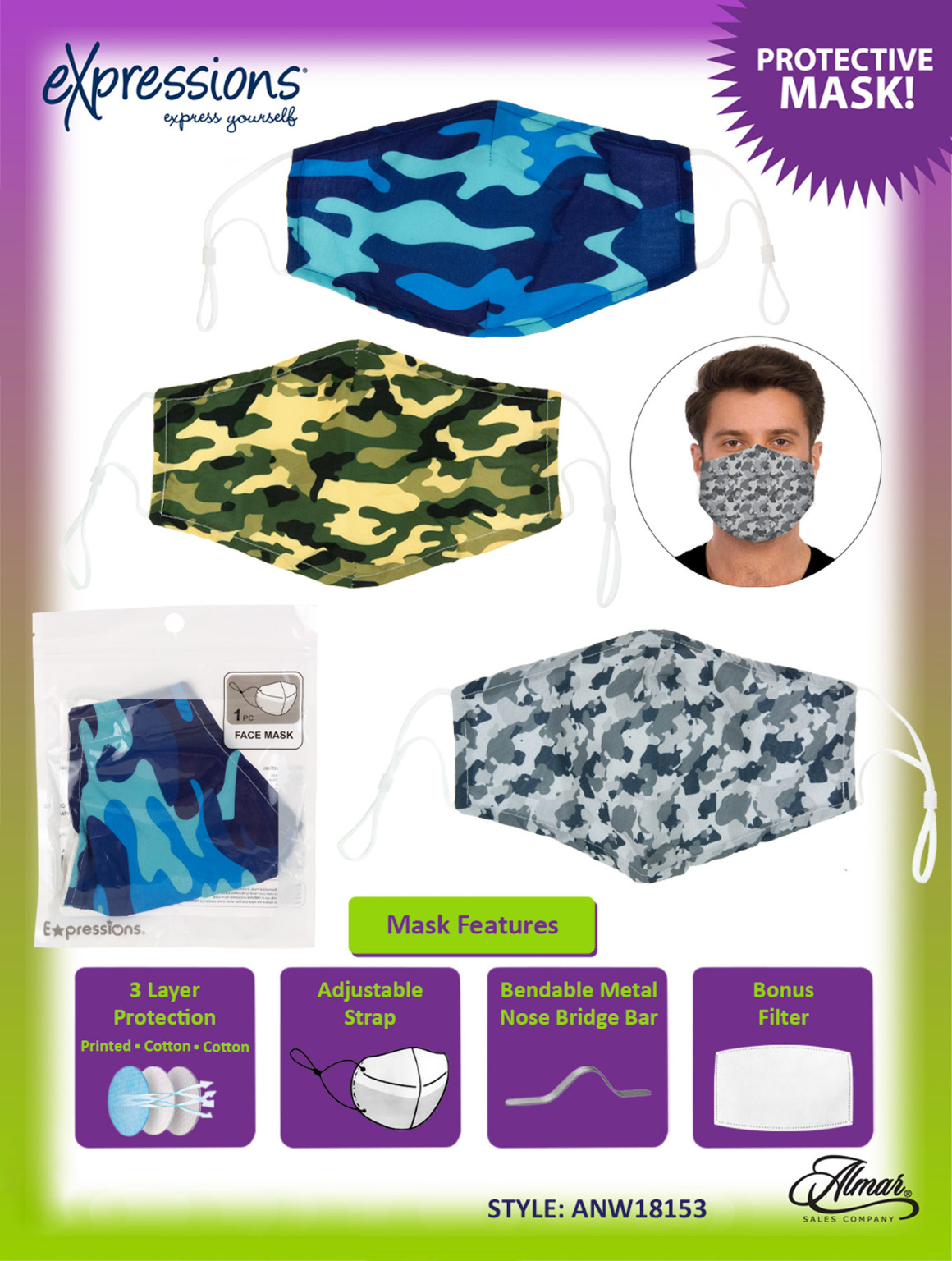 2350125 Men's Printed Face Masks - Washable, Adjustable, Assorted Camo case of 288