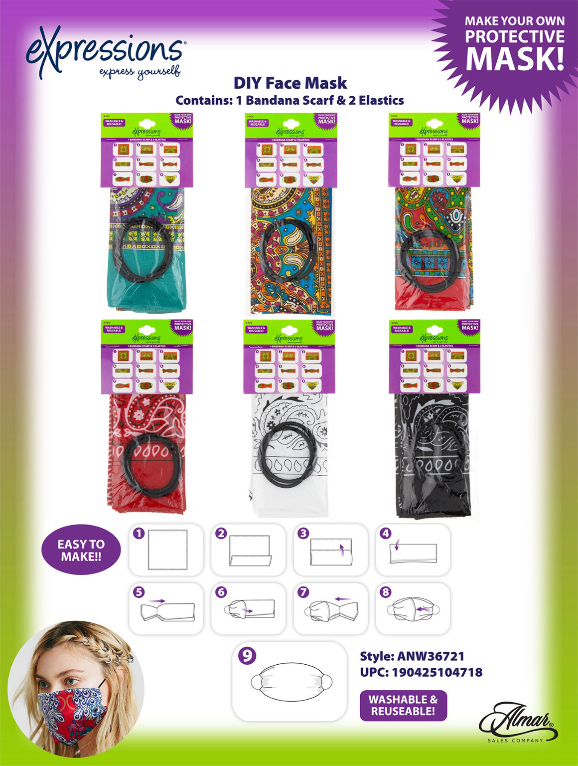 2350147 DIY Bandana Face Masks - Assorted, 3 Pieces case of 288