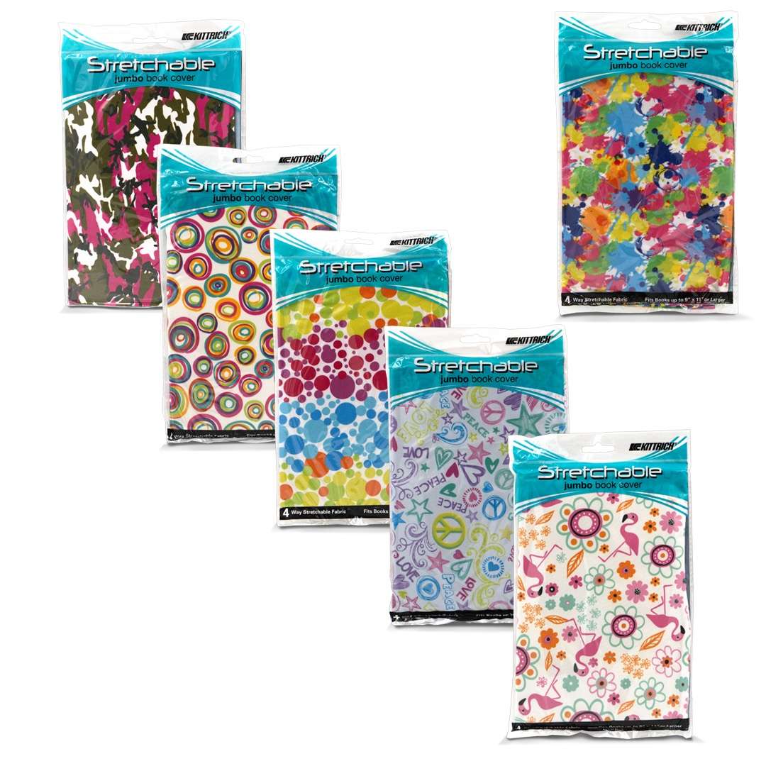 2386748 Stretchable Jumbo Book Covers - 6 Assorted Patterns case of 24