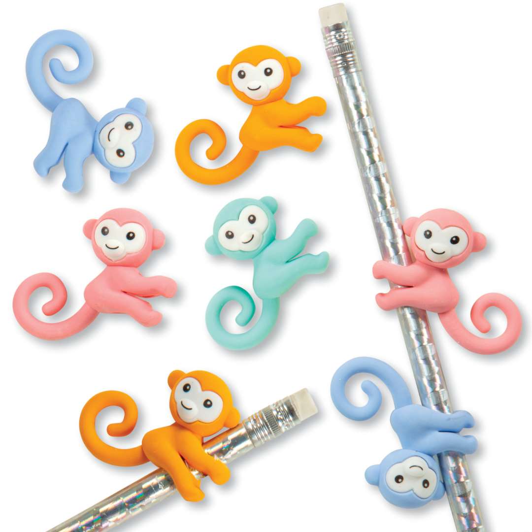 2377799 Monkey Eraser Pencil Toppers, Assorted, 24 Pack case of 480