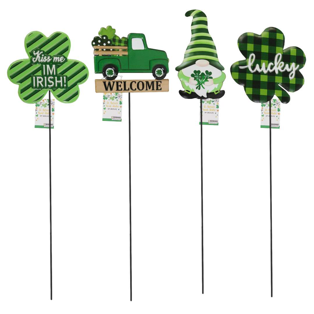 2382154 St. Patrick's Day Yard Stake - Four Assorted, 24 case of 24