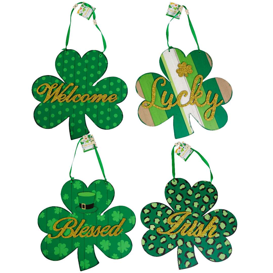 2382155 St. Patrick's Day Shamrock Wall Plaque, Four Assorted case of 24