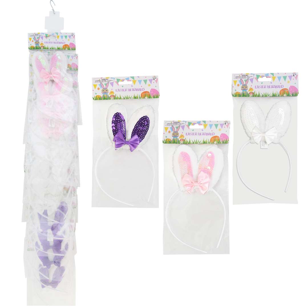 2382078 Sequin and Bow Bunny Ear Headbands - Assorted Colors case of 24