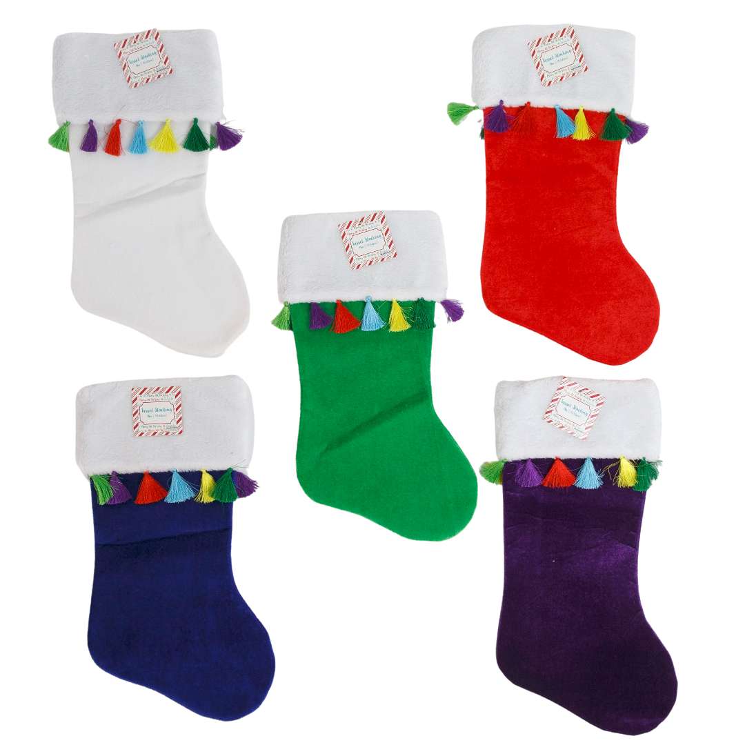 DollarDays 2387722 Velvet Stockings with Multi-Colored Tassels - Assorted Color - Case of 24