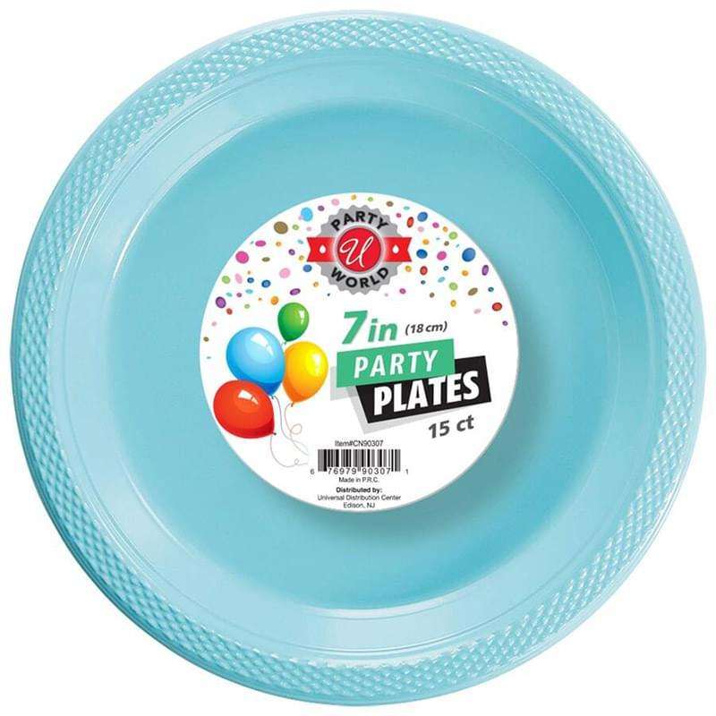 DollarDays 2390323 7 in. Light Blue Round Plastic Plates - 15 Count - Pack of 24