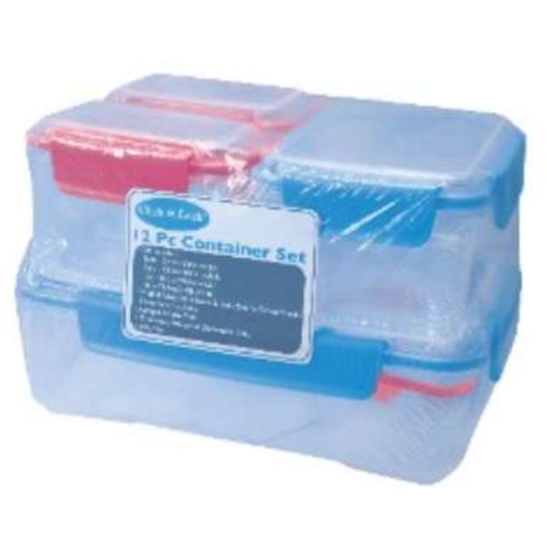 DollarDays 2391518 Click & Lock Container Set - Red, Blue & Clear - 12 Piece - Case of 12