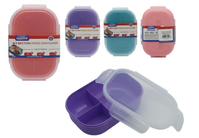 DollarDays 2391942 Airtight Lockable Food Containers - 3-Section - Pink, Purple & Blue - Case of 24