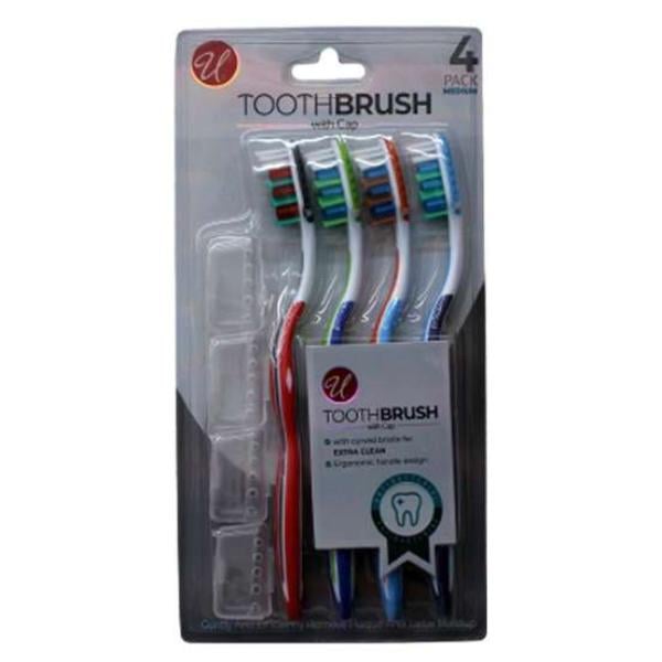 DollarDays 2393455 Toothbrushes with Cap, Medium Bristles, Pack of 4 - Case of 48