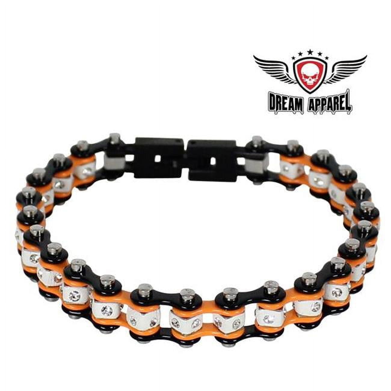 Picture of Dealer Leather BR36-SMS-S Black & Orange Squared Motorcycle Bracelet with Clear Gemstones - Small