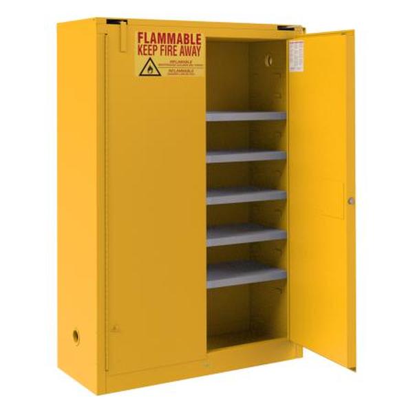43 x 18 x 66.37 in. FM Approved Flammable Storage Cabinet with 60 gal Paint & Ink Storage, 2 Doors, Self Close & 5 Shelves - Yellow