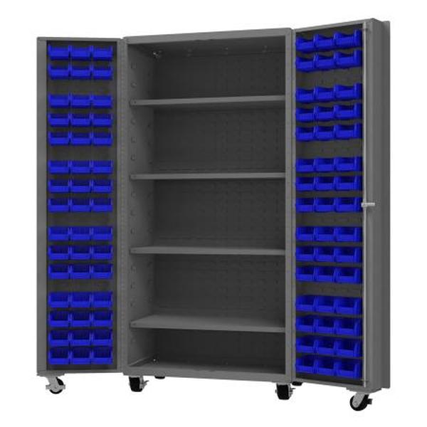 DCM36-BDLP-96-4S-5295 36 x 24 x 76 in. No.52 Mobile Cabinet with 14 Gauge, 96 Bins, 4 Shelves - Gray