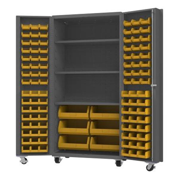 DCM36-BDLP-102-3S-95 36 x 24 x 76 in. Mobile Cabinet with 14 Gauge, 102 Bins, 3 Shelves - Gray