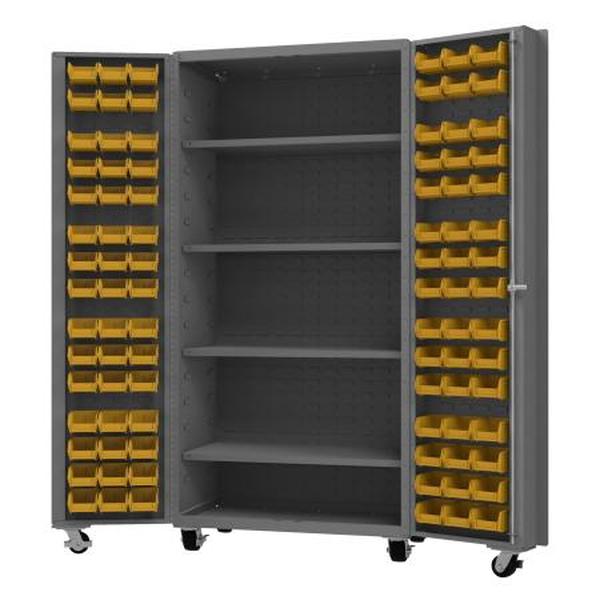 DCM36-BDLP-96-4S-95 36 x 24 x 76 in. Mobile Cabinet with 14 Gauge, 96 Bins, 4 Shelves - Gray