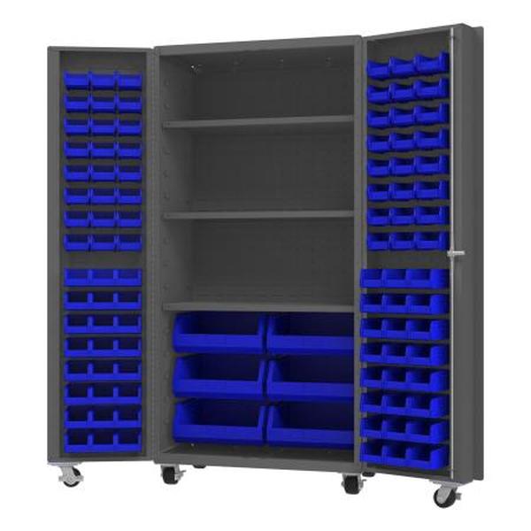 DCM36-BDLP-102-3S-5295 36 x 24 x 76 in. No.52 Mobile Cabinet with 14 Gauge, 102 Bins, 3 Shelves - Gray