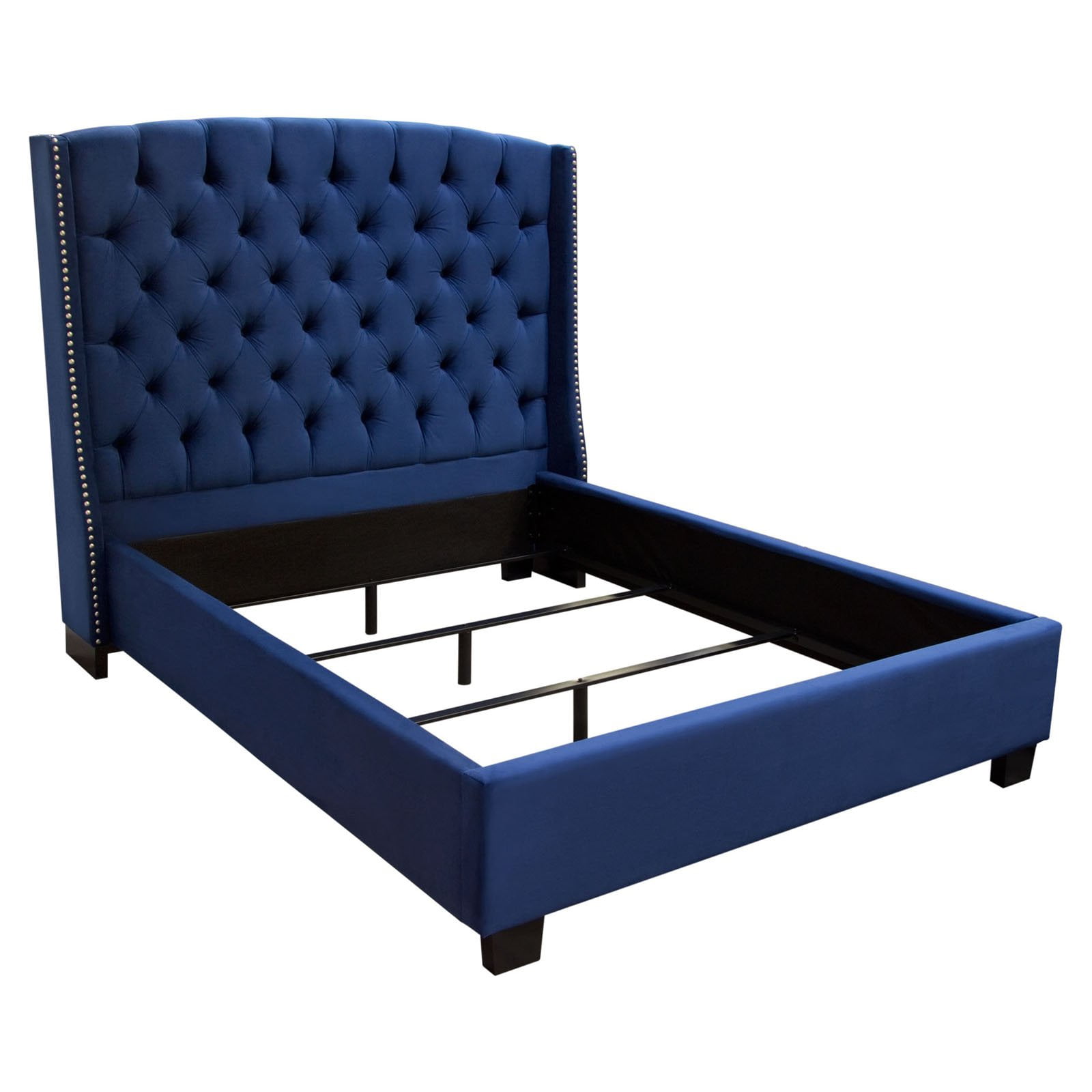 MAJESTICQUBEDNB Majestic Queen Size Tufted Bed with Nail Head Wing Accents, Royal Navy Blue Velvet -  Diamond Sofa