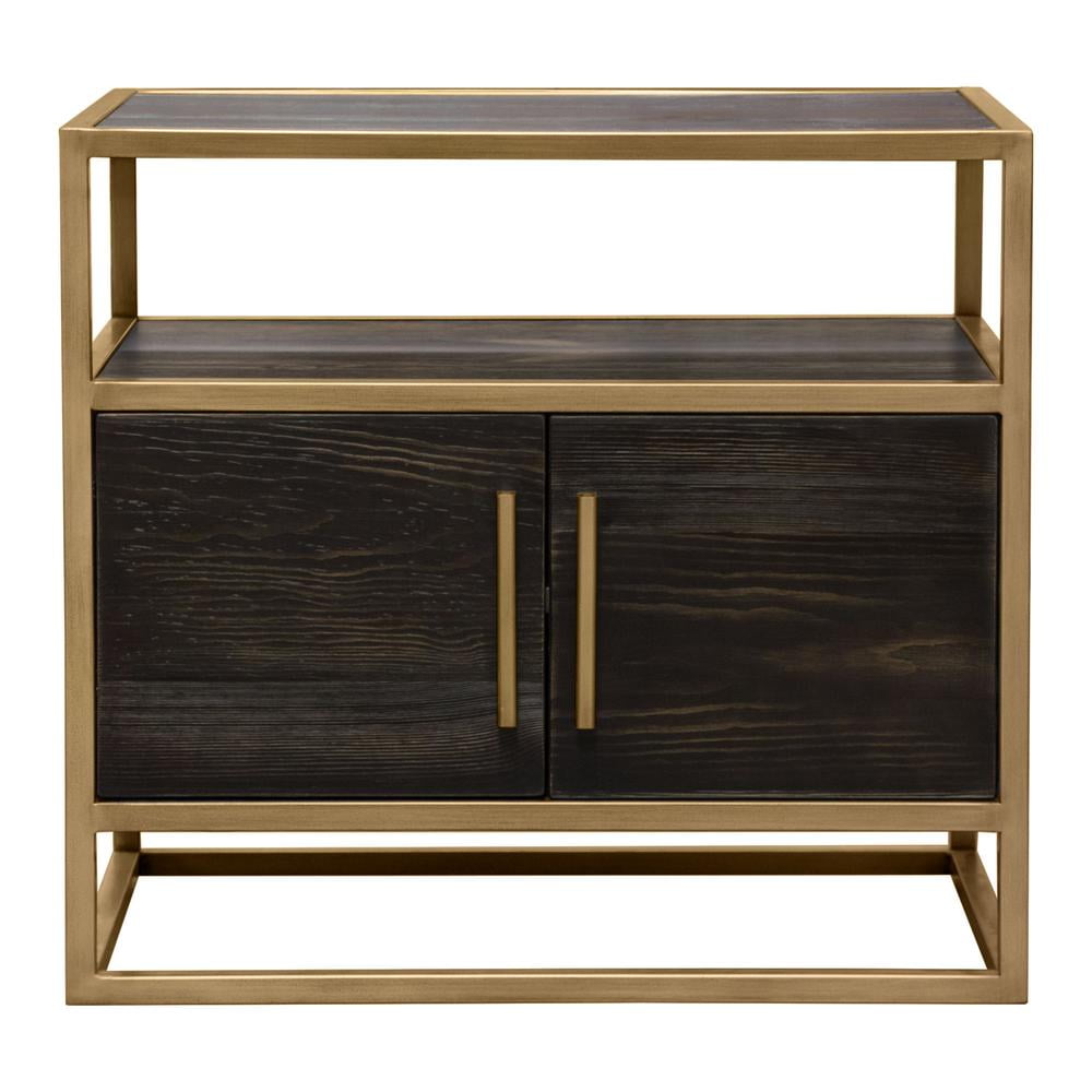 Empire 2-Door End Table with Hand Brushed Gold Metal Frame, Dark Brown Veneer