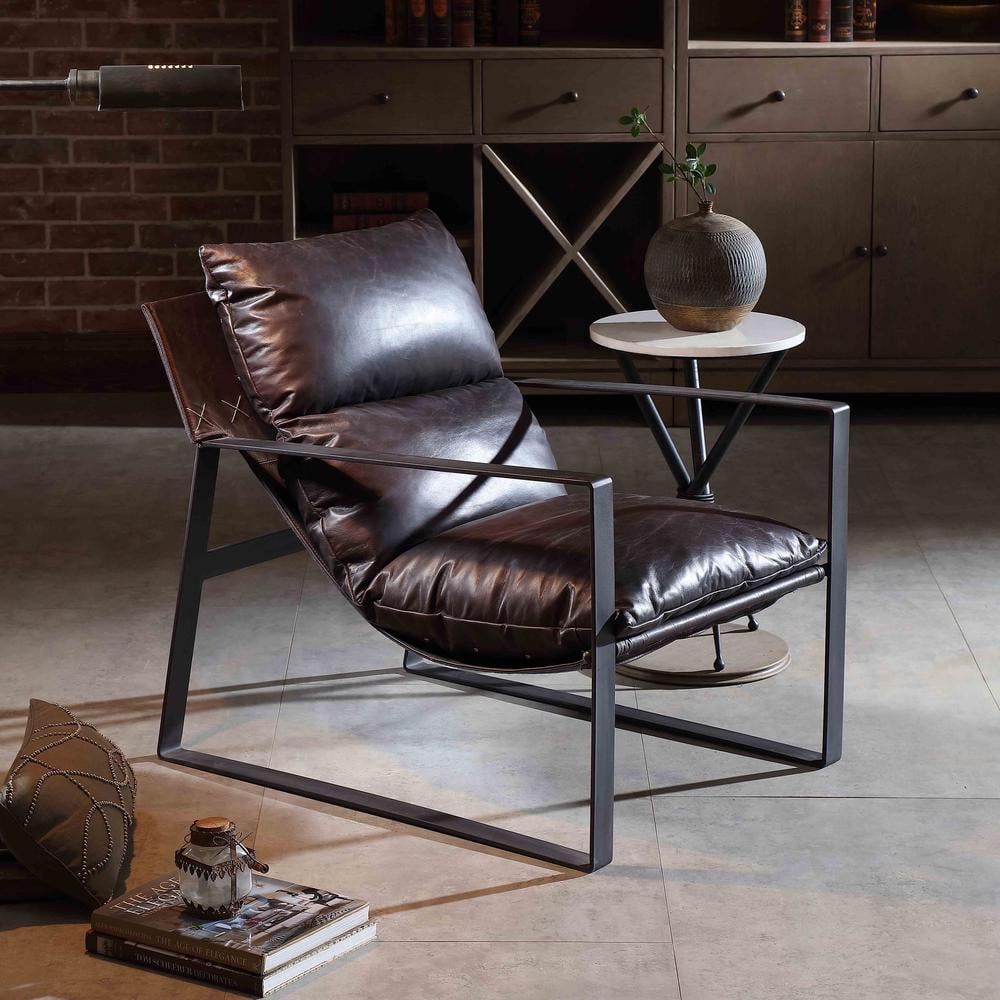 Miller Sling Accent Chair with Genuine Black Powder Coated Metal Frame, Chocolate Leather
