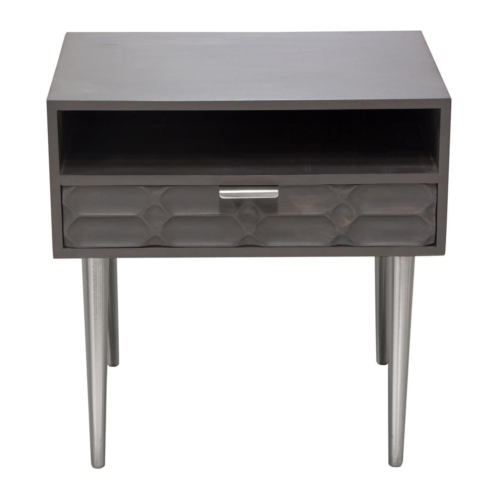 Petra Solid Mango Wood 1-Drawer Accent Table with Nickel Legs, Smoke Grey Finish