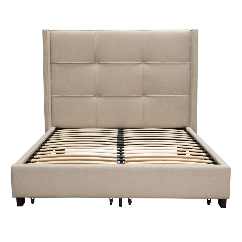 BEVERLYSDQUBED Beverly Queen Size Bed with Integrated Footboard Storage Unit & Accent Wings, Sand Fabric