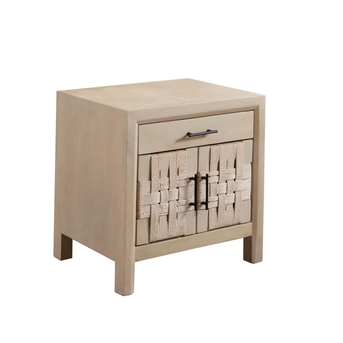 Palm Solid Mango Wood 2-Door & 1-Drawer End Table, Natural Finish with Woven Rope Door Fronts
