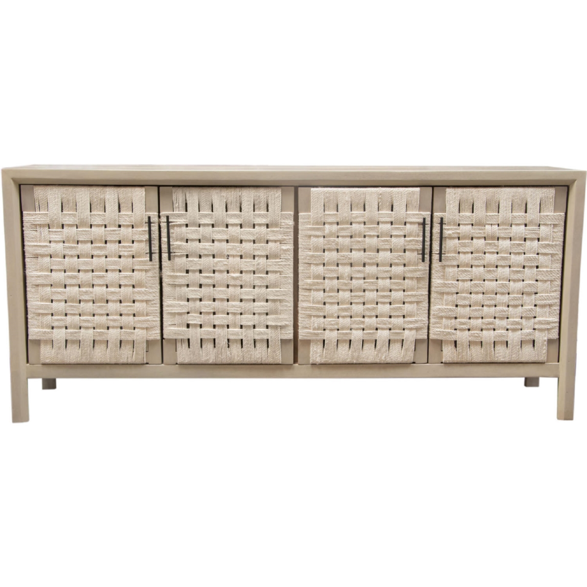 PALMSBNA Palm Solid Mango Wood 4-Door Sideboard, Natural Finish with Woven Rope Door Fronts