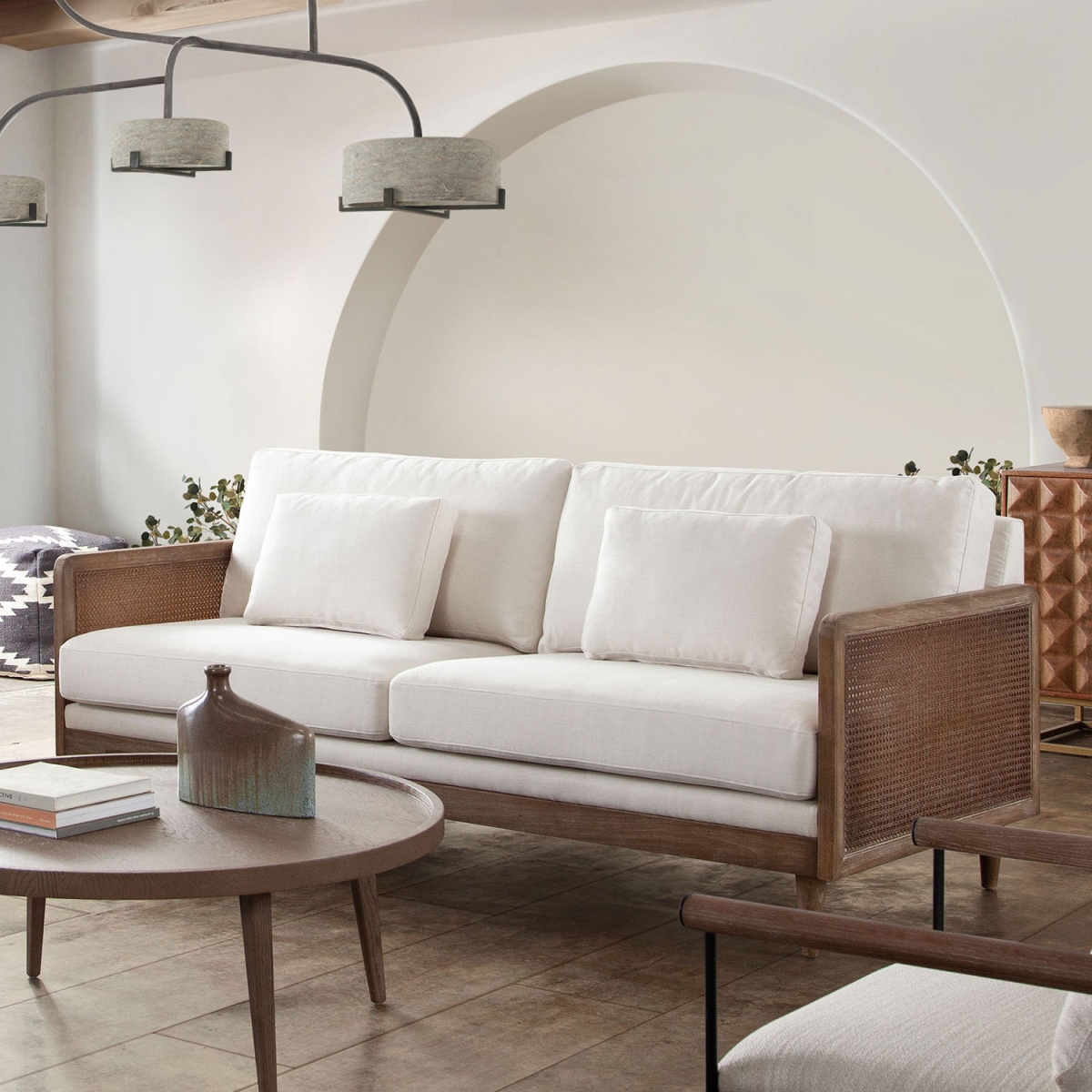 Linen Fabric Piper Sofa with Natural Rattan, White