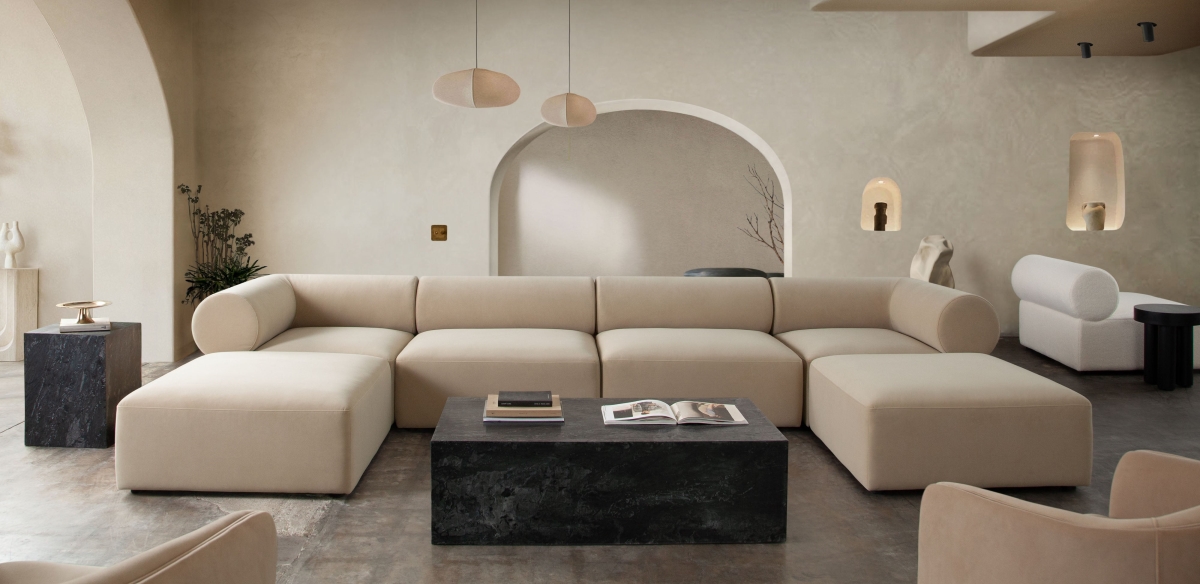 ZIA2SC1AC1OTLCA 4 Piece Zia Light Camel & Ivory Performance Velvet Fabric Modular Reversible Chaise Sectional