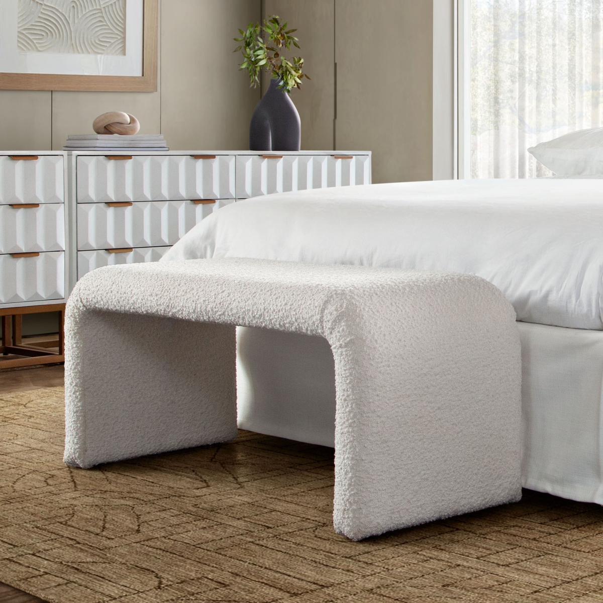 Conrad Boucle Fabric Accent Bench, Ivory