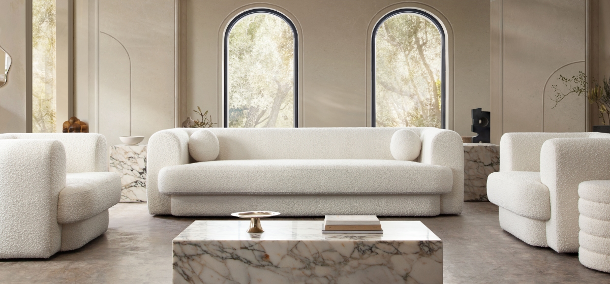 FORMSOIV Form Boucle Fabric Sofa with Two Accent Pillow Balls, Ivory
