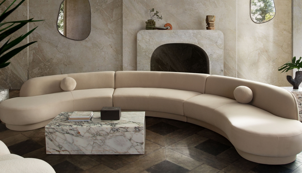 ZELDA3PCLCASRCLCA Zelda Performance Velvet Modular Curved Armless Sofa with Three Accent Pillow Balls & Two Chaise, Light Camel - 3 Piece