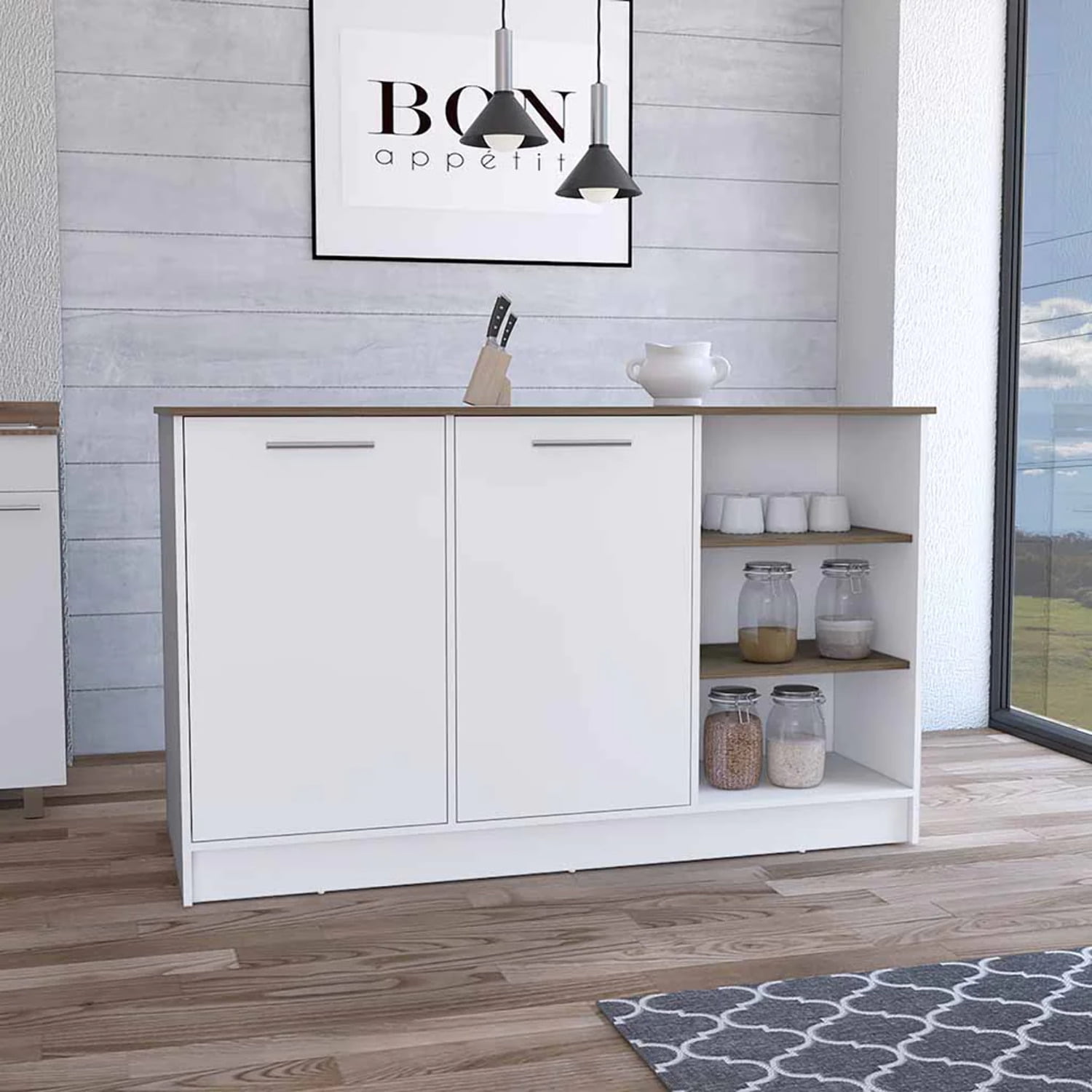 Mars Kitchen Island Two Cabinets & Three Open Shelves, White & Dark Brown -  KD Marco de la cama, KD3485953