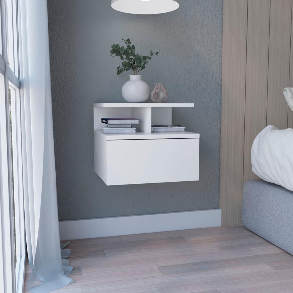 13 x 22 in. Seward Wall Mounted Floating Nightstand with Single Drawer & 2-Tier Shelf, White -  KD Marco de la cama, KD2955841