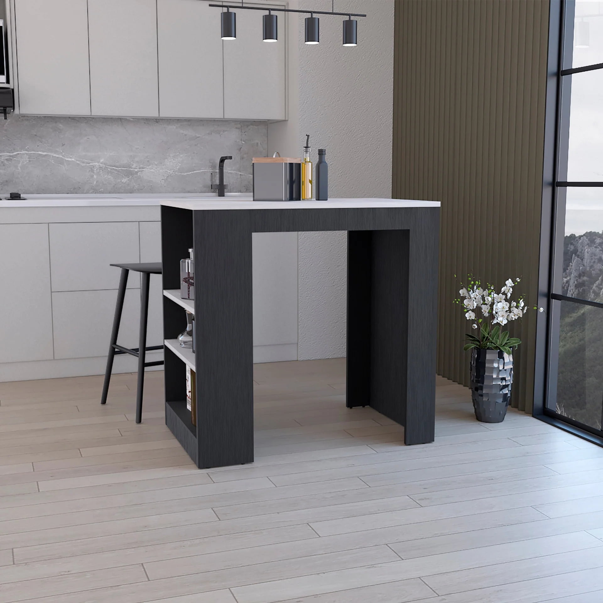 Picture of Depot Eshop DE-IWZ9033 Lacour Kitchen Island Bar Table with 3-Side Shelves&#44; Black & Ibiza Marble