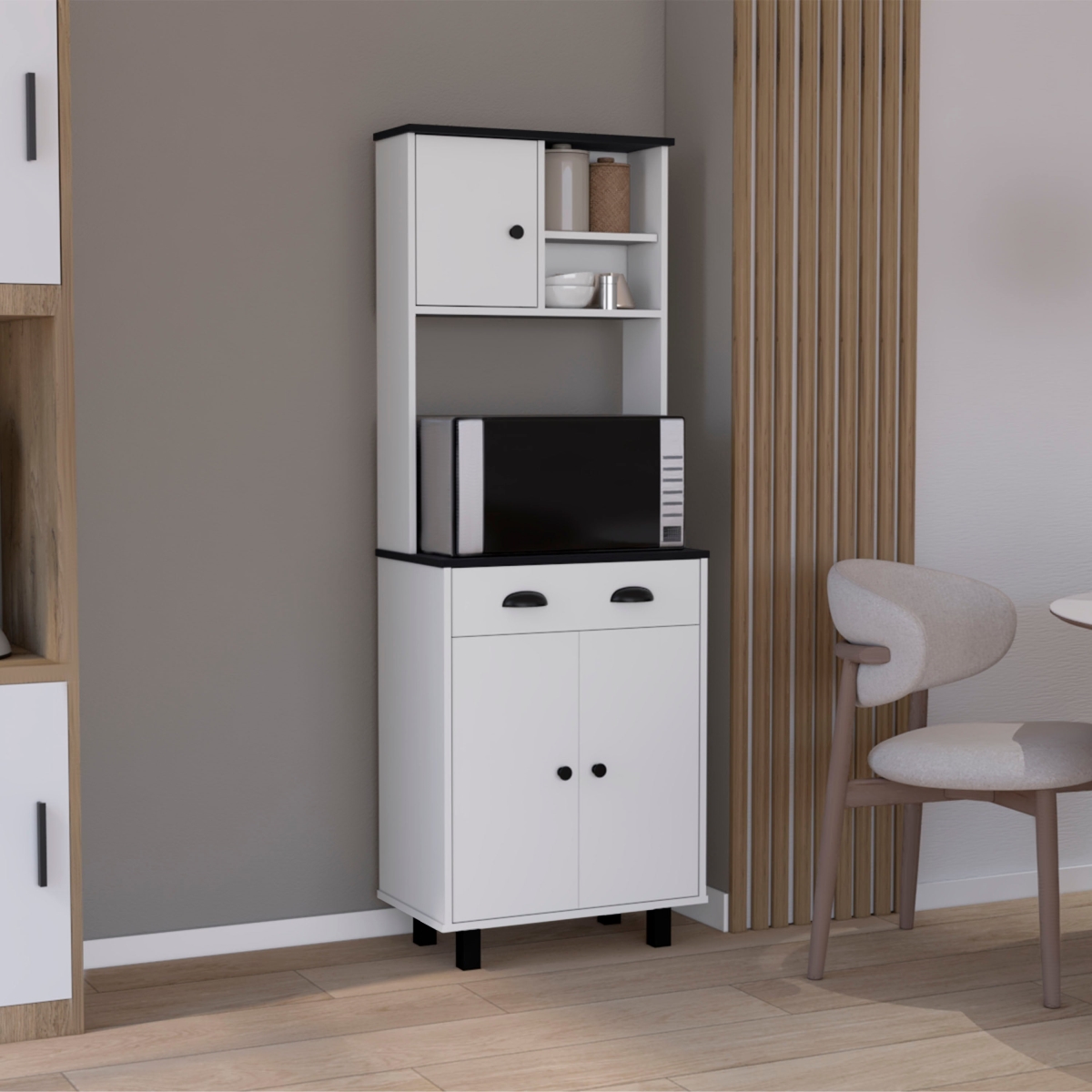Picture of DEPOT E-SHOP DE-ABW9060 DEPOT E-SHOP Kitchen Pantry 67&apos; H&#44; 2 Cabinets&#44; 3 Doors&#44; 2 Open Shelves&#44; 1 Drawer&#44; Microwave Storage Option&#44; White/Black