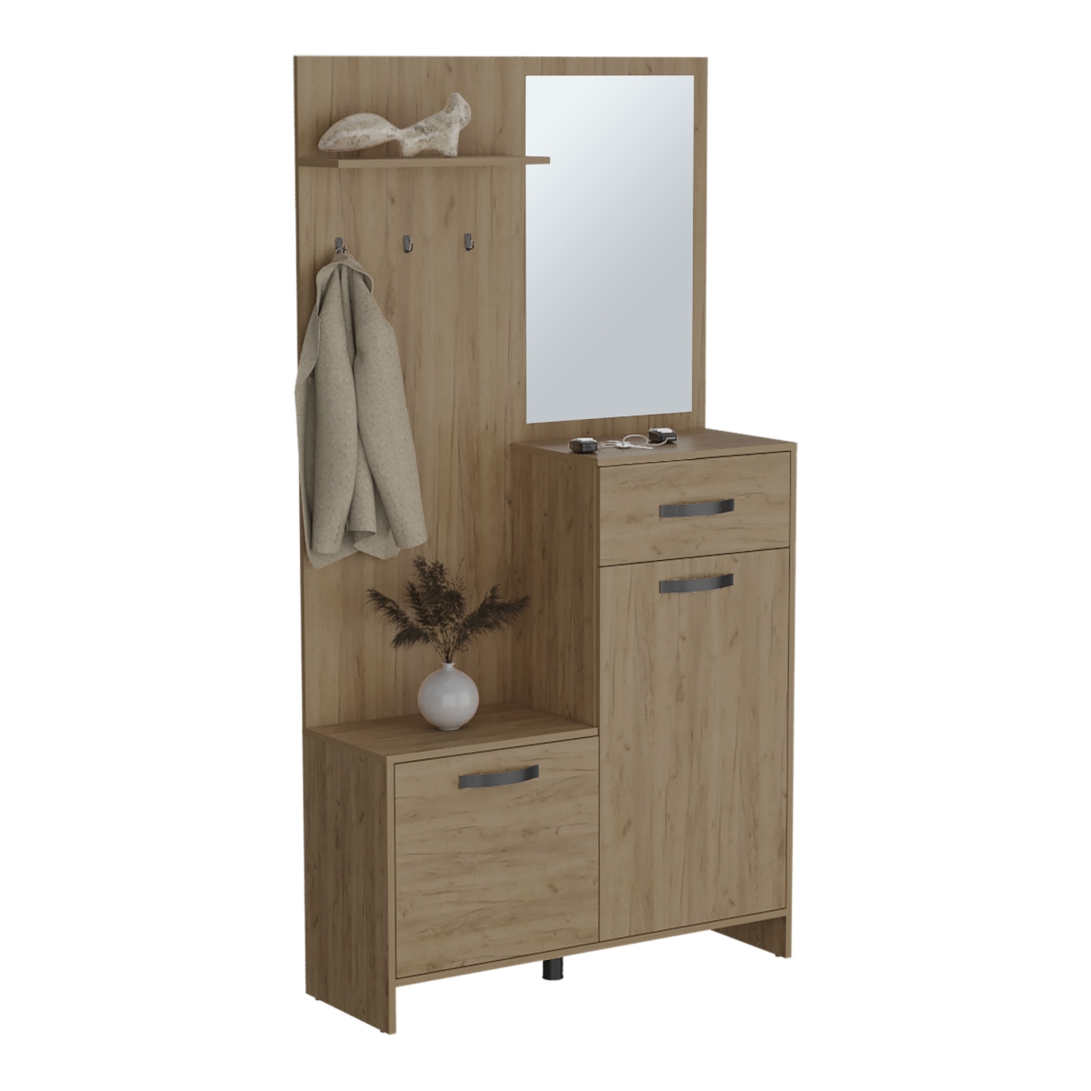 Picture of DEPOT E-SHOP DE-ALF11511 Olpe Hall Tree&#44; 2 Doors&#44; 1 Drawer&#44; 1 Shelf&#44; 1 Mirror&#44; Natural Oak