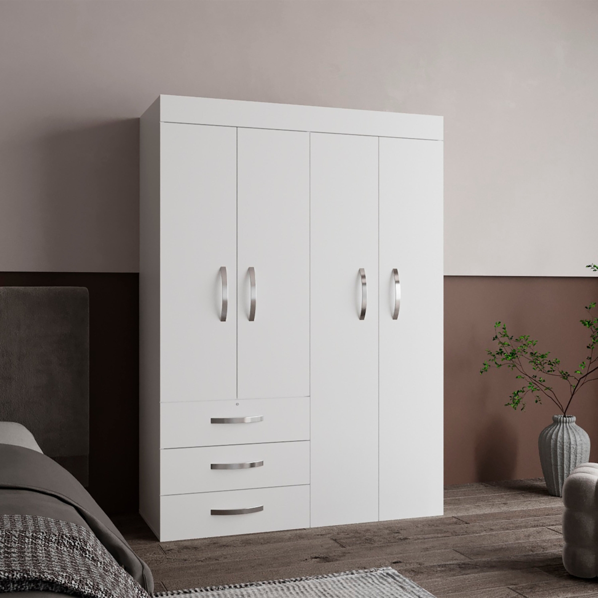 Picture of DEPOT E-SHOP DE-CLB11653 Hamilton Mobile Armoire&#44; Double Door Cabinet&#44; Three Drawers&#44; Rods&#44; Two Shelves&#44; White