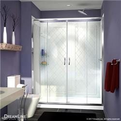 34 x 60 in. Visions Frameless Sliding Shower Door, Single Threshold Shower Base Center Drain & QWALL-5 Shower Backwall Kit - Brushed Nickel
