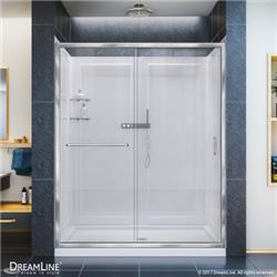 32 x 60 in. Infinity-Z Frameless Sliding Shower Door, Single Threshold Shower Base Left Hand Drain & QWALL-5 Shower Backwall Kit - Chrome