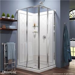 DL-6150-01 36 x 36 in. Cornerview Framed Sliding Shower Enclosure, Double Threshold Shower Base & QWALL-4 Shower Backwall Kit - Chrome
