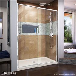 DL-6223C-22-01 Flex 60 in. W x 32 in. D Semi-Frameless Pivot Shower Door with Center Drain Biscuit Acrylic Base Kit, Chrome