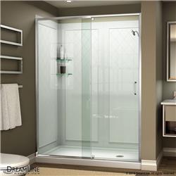 DL-6228R-01 Flex 60 in. W x 32 in. D Semi-Frameless Pivot Shower Door with Right Drain White Base & Backwall Kit, Chrome
