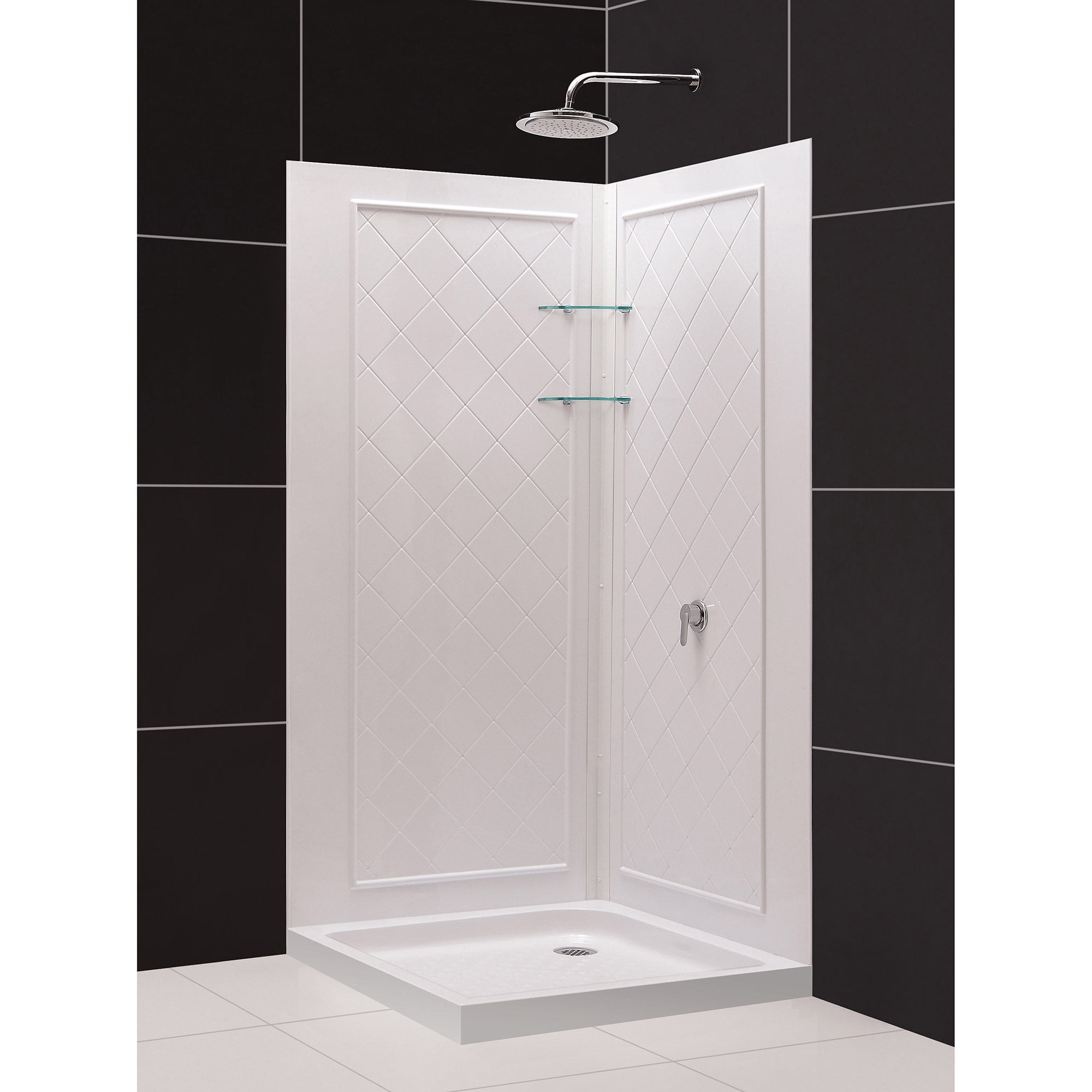 DL-6295C-01 32 x 32 x 76.75 in. DreamLine SlimLine Double Threshold Corner Drain Base & Acrylic Backwall Kit in White