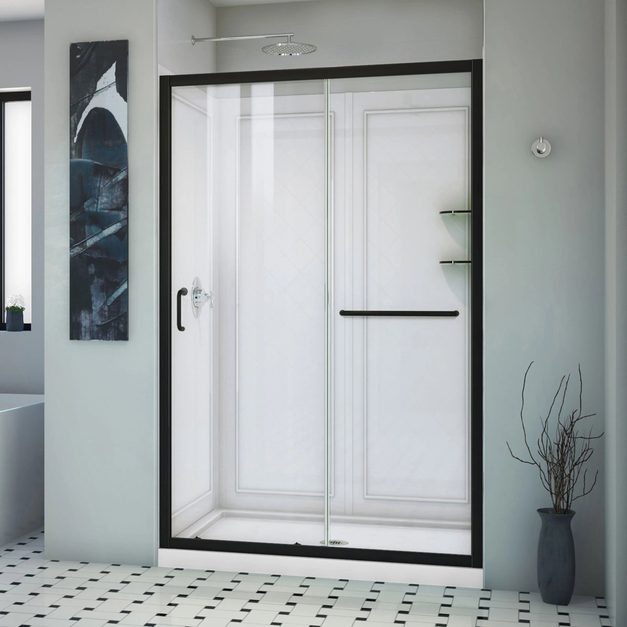 36 x 48 x 76.75 in.  Infinity-Z Clear Sliding Shower Door in Satin Black, Center Drain Base, Backwall - DreamLine DL-6107-CLC-09